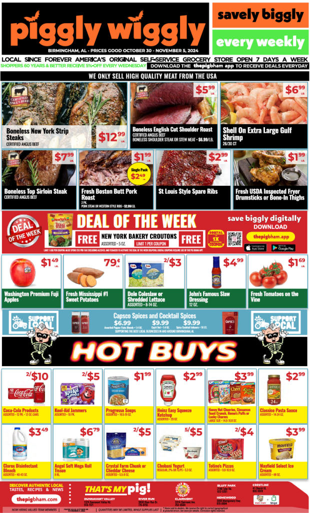 Piggly Wiggly weekly ad for Birmingham, AL, displaying discounted prices on fresh meat, produce, and grocery items from October 30 to November 5, 2024.